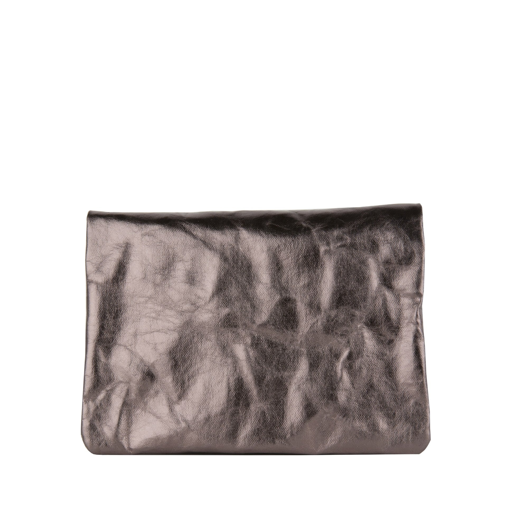 A metallic pewter washable paper folded clutch is shown from the front.