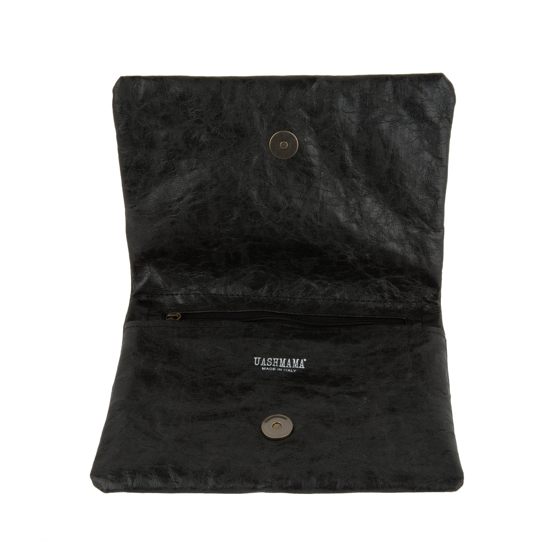 A black washable paper folding clutch is shown open, displaying a metal popper closure and a UASHMAMA stamp in white.