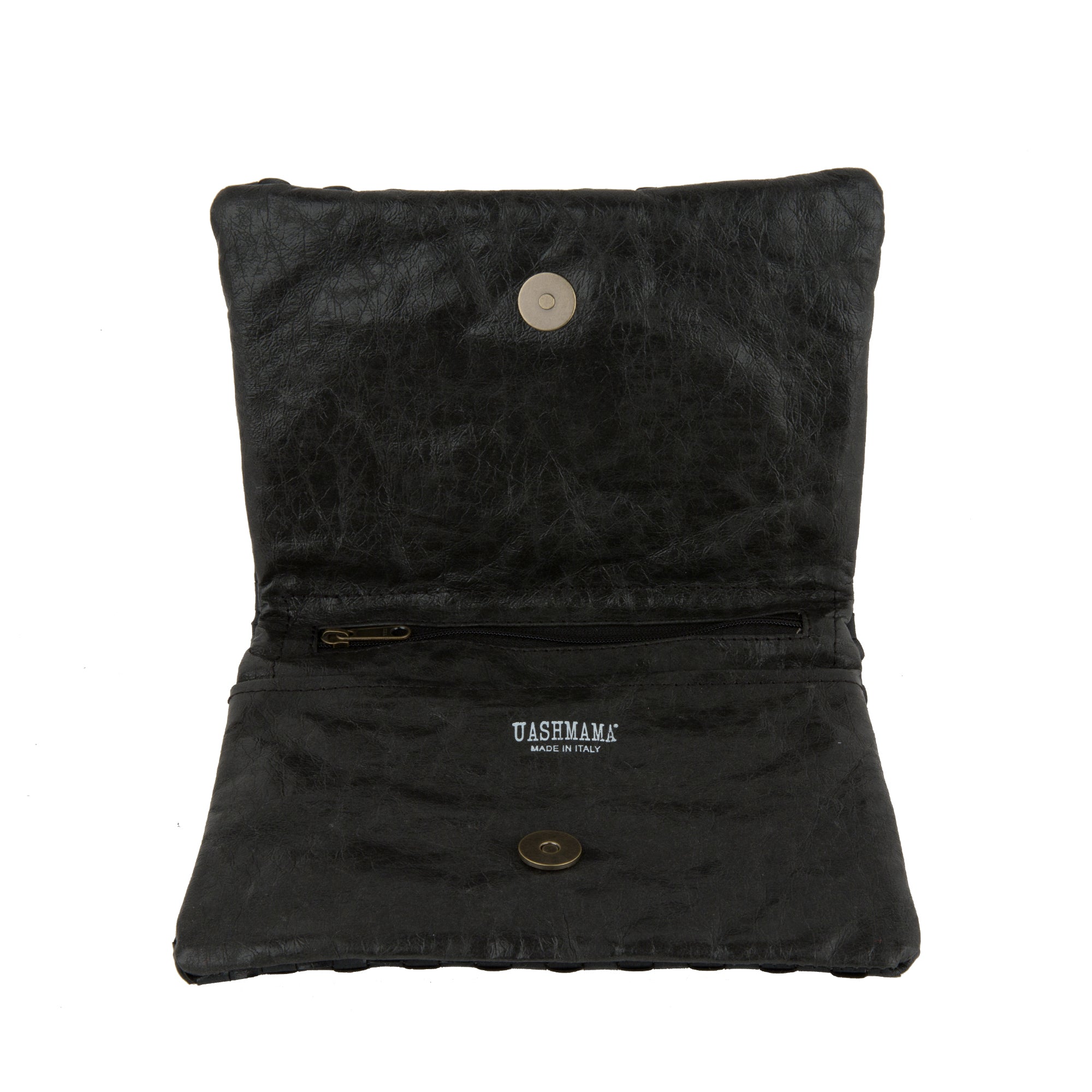 A woven washable paper small clutch is shown open in black. It features a metallic popper closure and a UASHMAMA logo stamp on the inside.