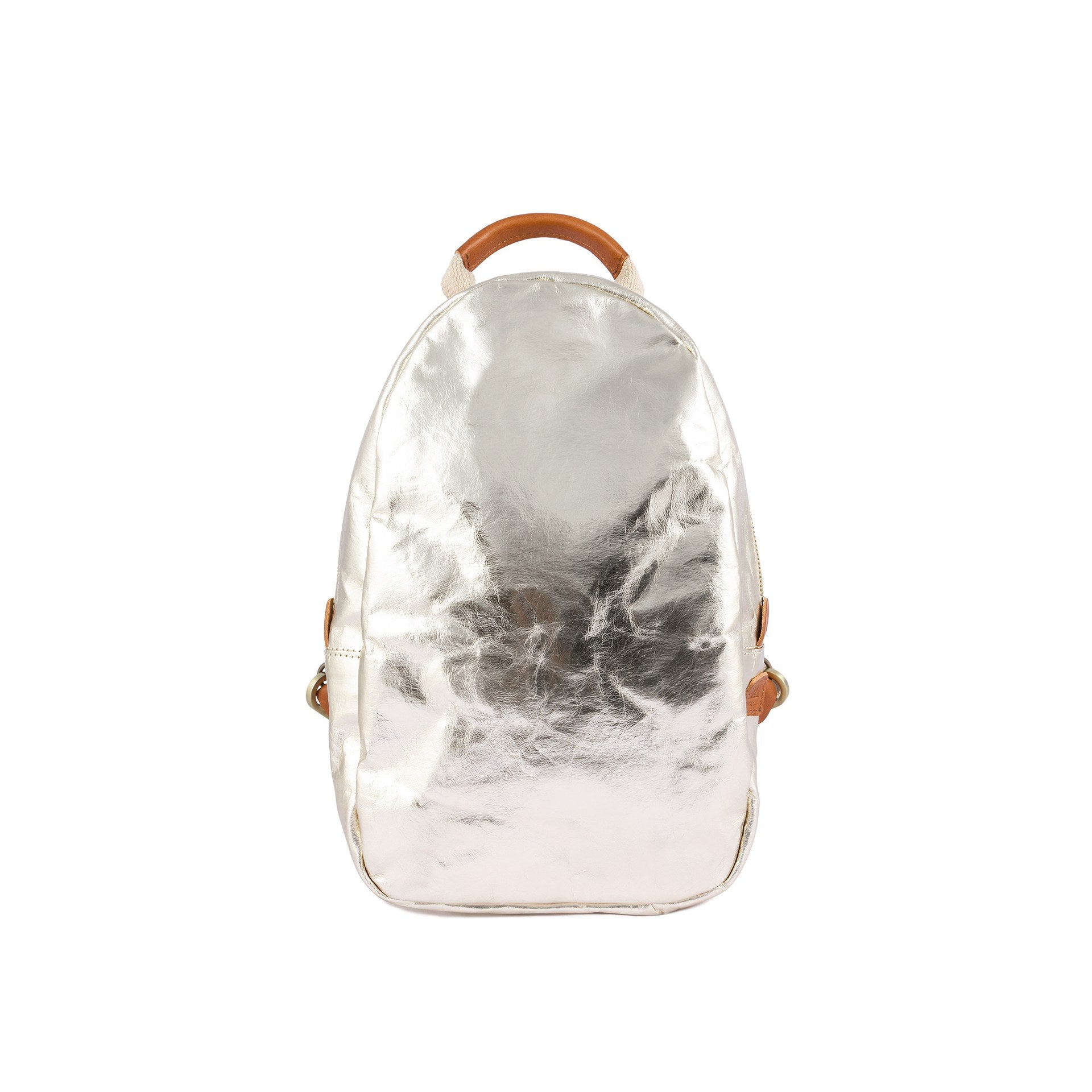 A gold metallic washable paper backpack is shown from the front. It features a top zip and a brown and canvas top handle.