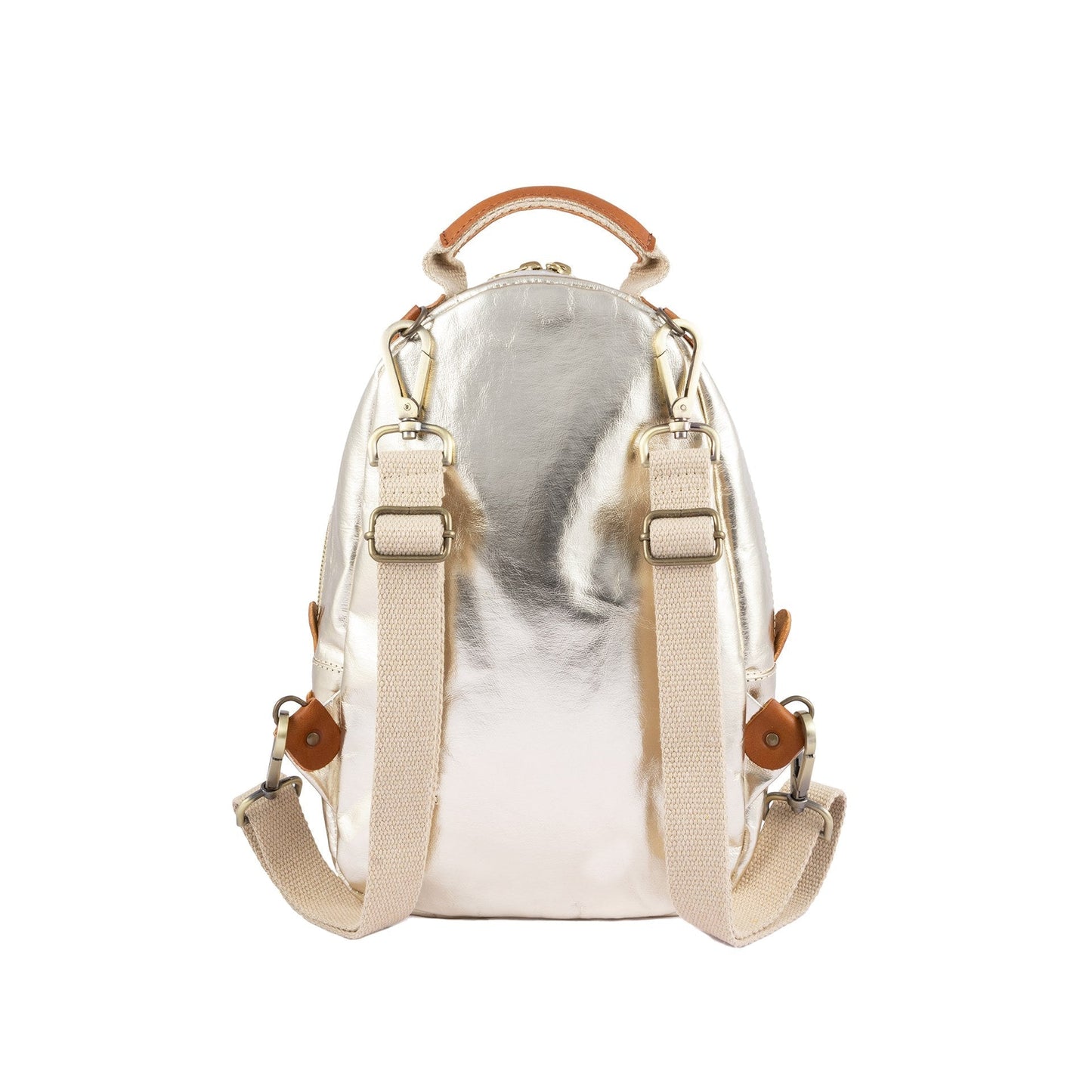 A metallic silver washable paper backpack is shown from the back. It features a rounded shape, a tan and canvas top handle, and canvas adjustable shoulder straps. 