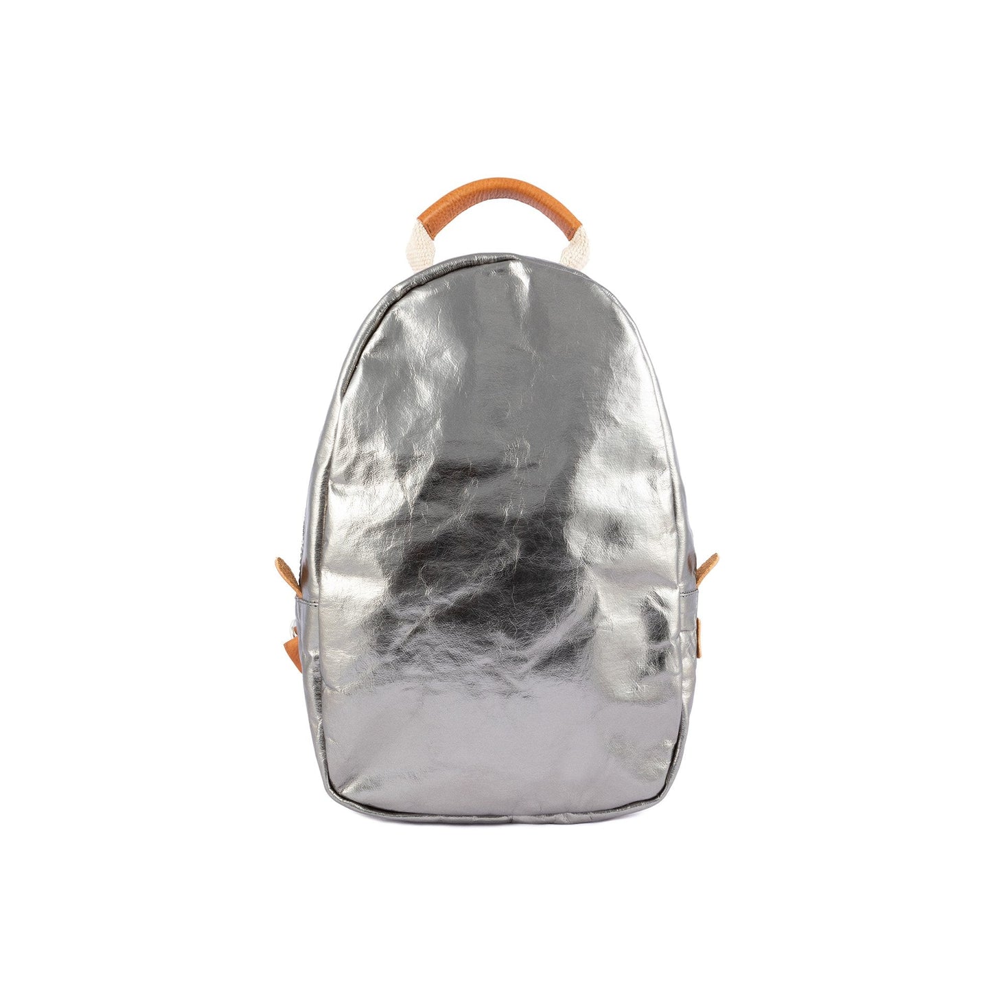 A silver metallic washable paper backpack is shown from the front. It features a top zip and a brown and canvas top handle.