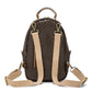 A chocolate brown washable paper woven backpack is shown from the back, with a top handle, brass hardware, two long shoulder straps and a gold zip pocket at rear.