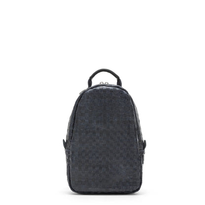A black washable paper woven backpack is shown from the front. It has two top zips, a rounded shape and a top handle.
