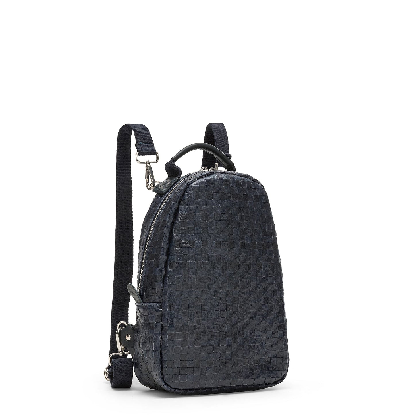 A woven washable paper backpack is shown in black. It has a rounded shape, a top handle, a side pocket, and two long shoulder straps. 