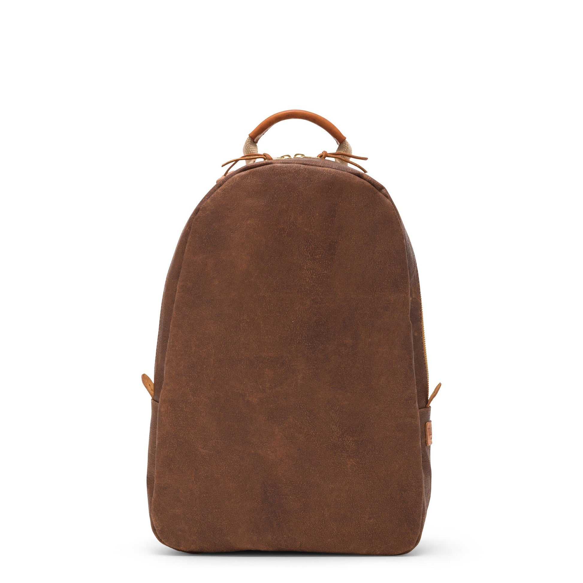 A washable paper backpack is shown from the front angle. It features a top handle, it is oval in shape, and it is brown in colour.