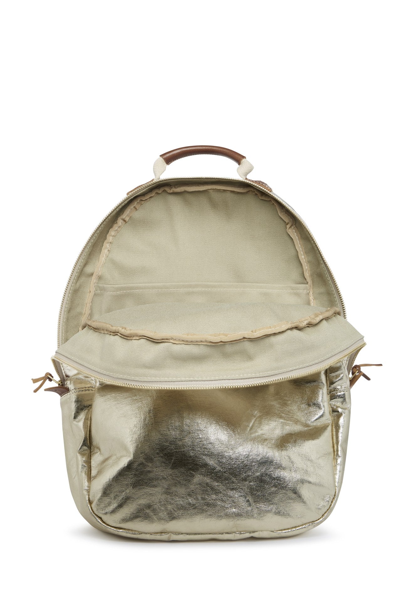 A washable paper oval shaped backpack is shown from the front angle, unzipped and open. It reveals two inner pockets in a cotton lining. The backpack is metallic gold in colour.