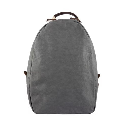 A washable paper backpack is shown from the front angle. It features a top handle, it is oval in shape, and it is grey in colour.