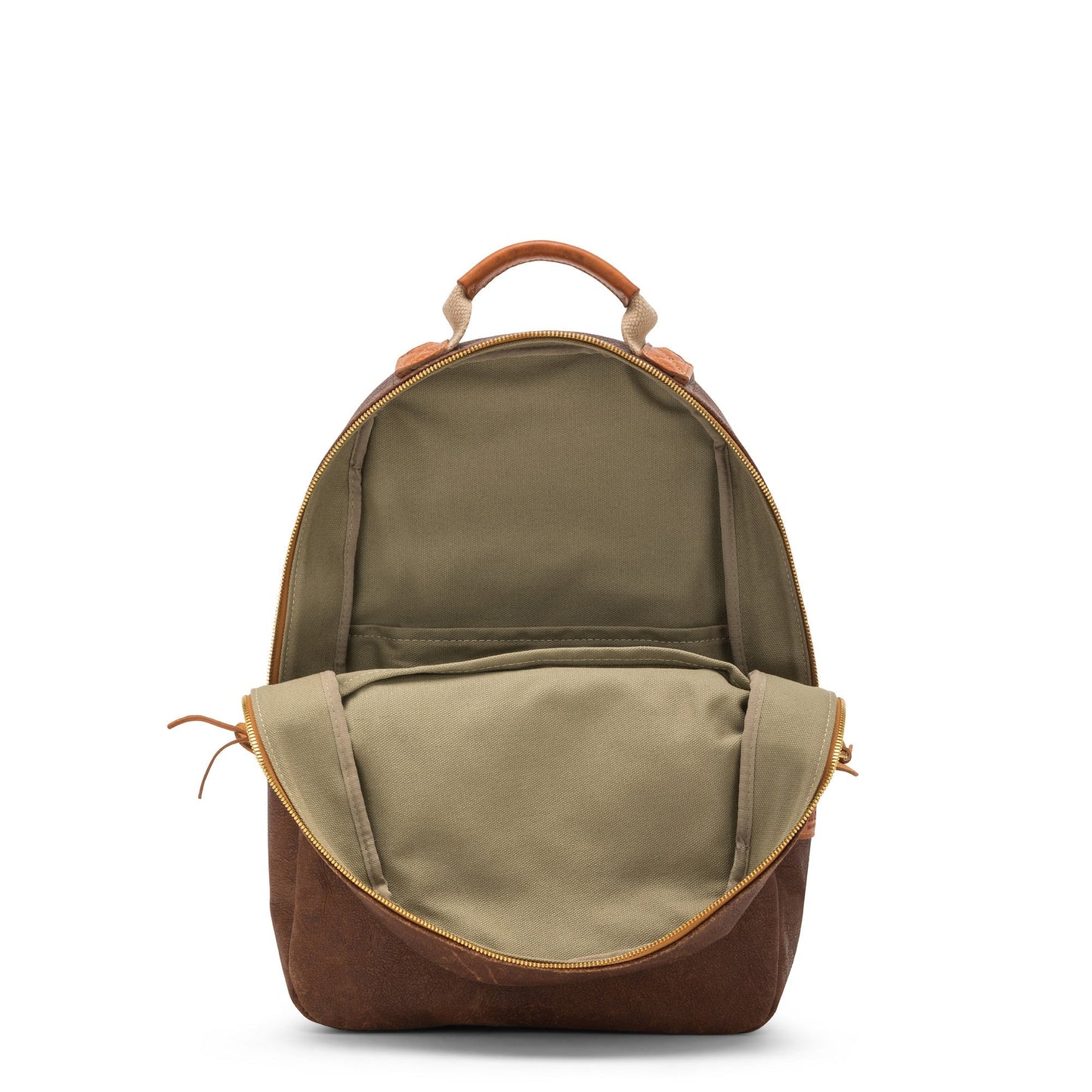 A washable paper oval shaped backpack is shown from the front angle, unzipped and open. It reveals two inner pockets in a cotton lining. The backpack is brown in colour.