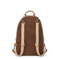 A brown washable paper backpack is shown from the back angle. It is oval in shape, has a top handle, two cream canvas straps, and silver hardware.