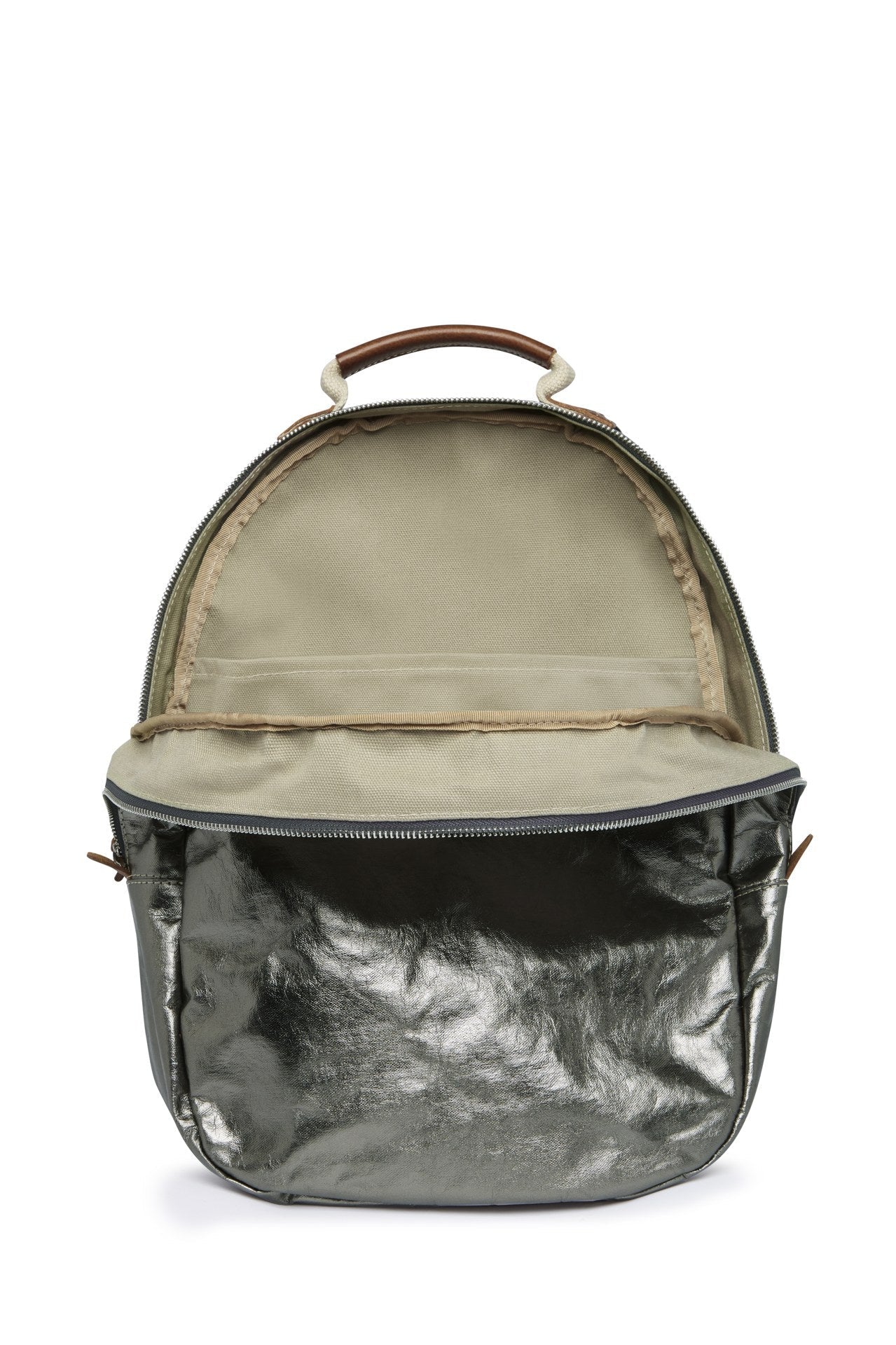 A washable paper oval shaped backpack is shown from the front angle, unzipped and open. It reveals two inner pockets in a cotton lining. The backpack is metallic pewter in colour.