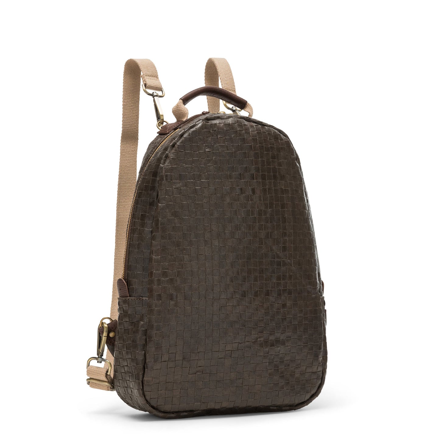 A woven washable paper backpack is shown from a 3/4 angle. It is oval in shape and features two adjustable canvas straps and a top handle. It is chocolate brown in colour.