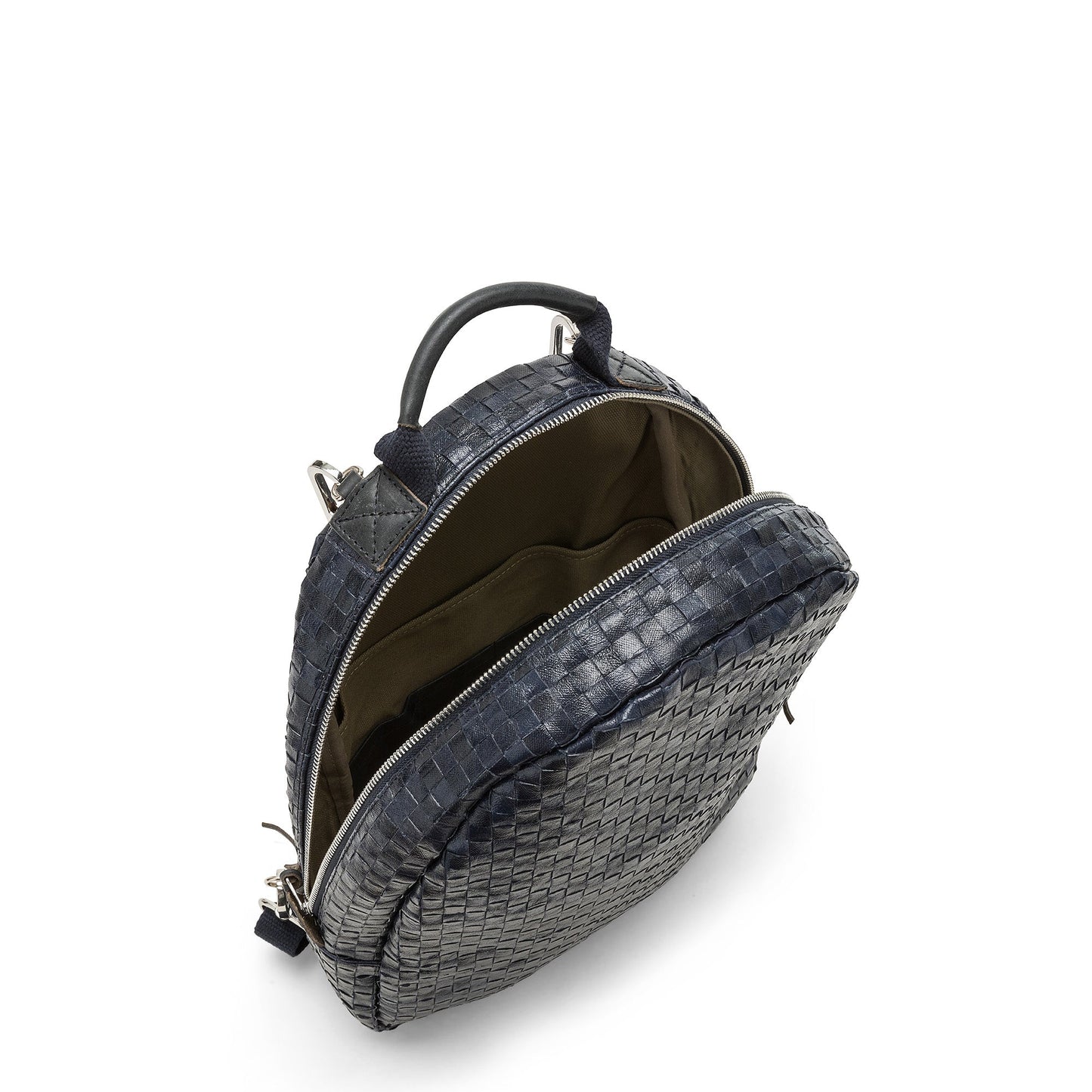 A woven washable paper backpack is shown open from a top-down angle, revealing an inside zip pocket. It is navy in colour.