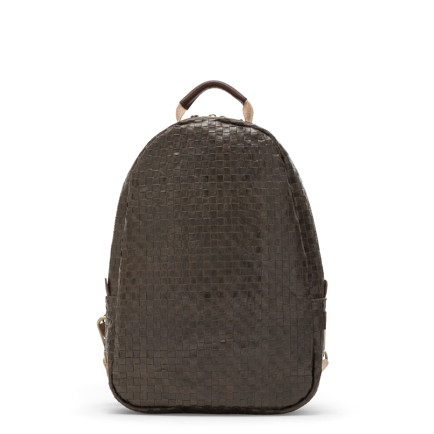 An oval washable paper woven backpack is shown from a front angle. It features a top zip and a top handle. It is chocolate brown in colour.