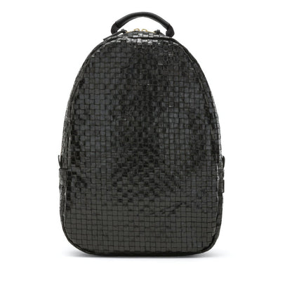 An oval washable paper woven backpack is shown from a front angle. It features a top zip and a top handle. It is black in colour.