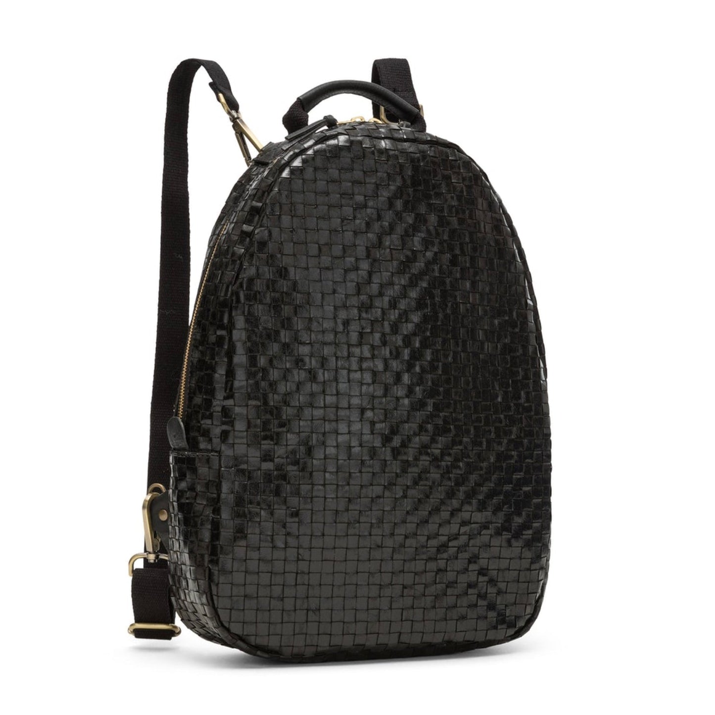 A woven washable paper backpack is shown from a 3/4 angle. It is oval in shape and features two adjustable canvas straps and a top handle. It is black in colour.
