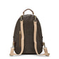 A washable paper backpack is shown from the back angle. It features a top handle, two canvas shoulder straps, and a gold zip pocket at rear. It is chocolate brown in colour.