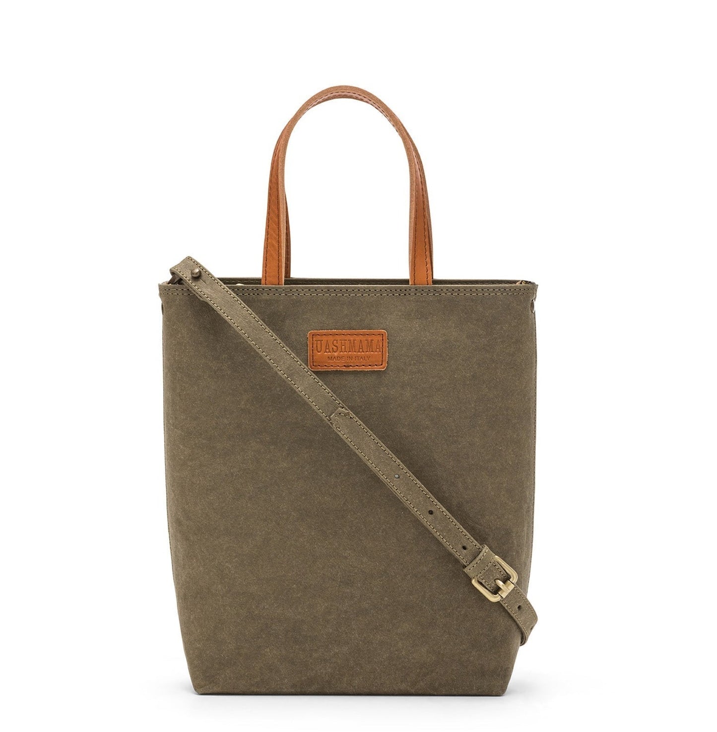 A washable paper rectangular tote with long top handles and a long shoulder strap is shown from the front angle. It is khaki in colour.