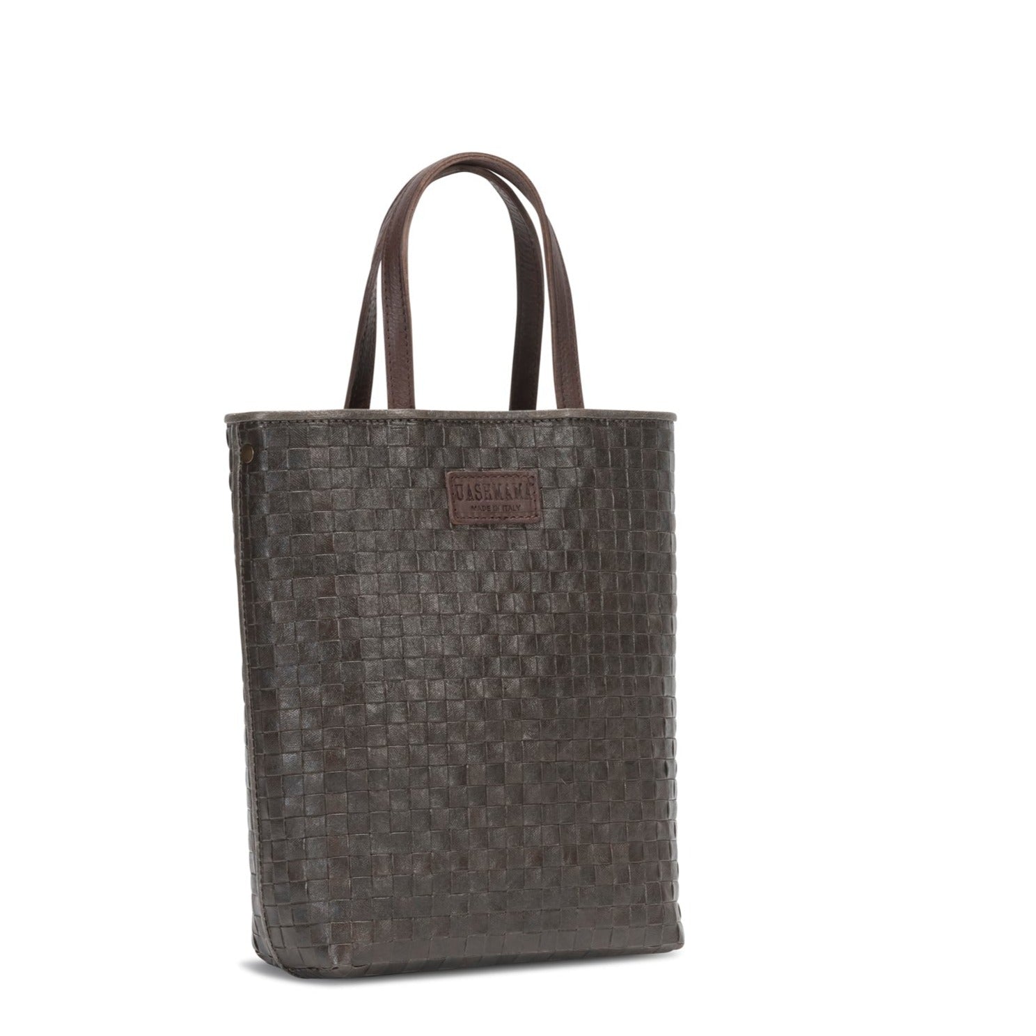A woven washable tote bag is shown from a 3/4 angle. It has two top handles and is grey-brown in colour.