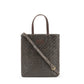 A woven washable paper tote bag is shown from the front angle. It has two top handles and a long shoulder strap. It is grey-brown in colour.