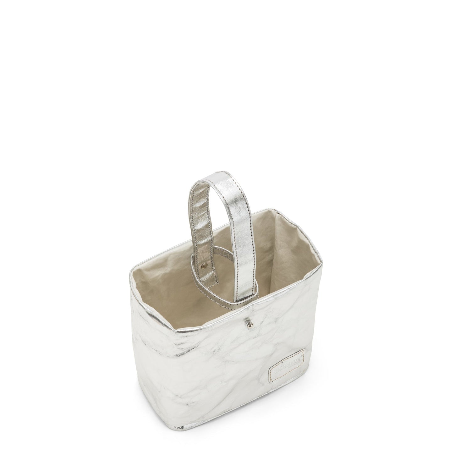 A washable paper utensil holder is shown from a top down angle. It features a top handle and a cotton lining, and it is metallic silver in colour. 