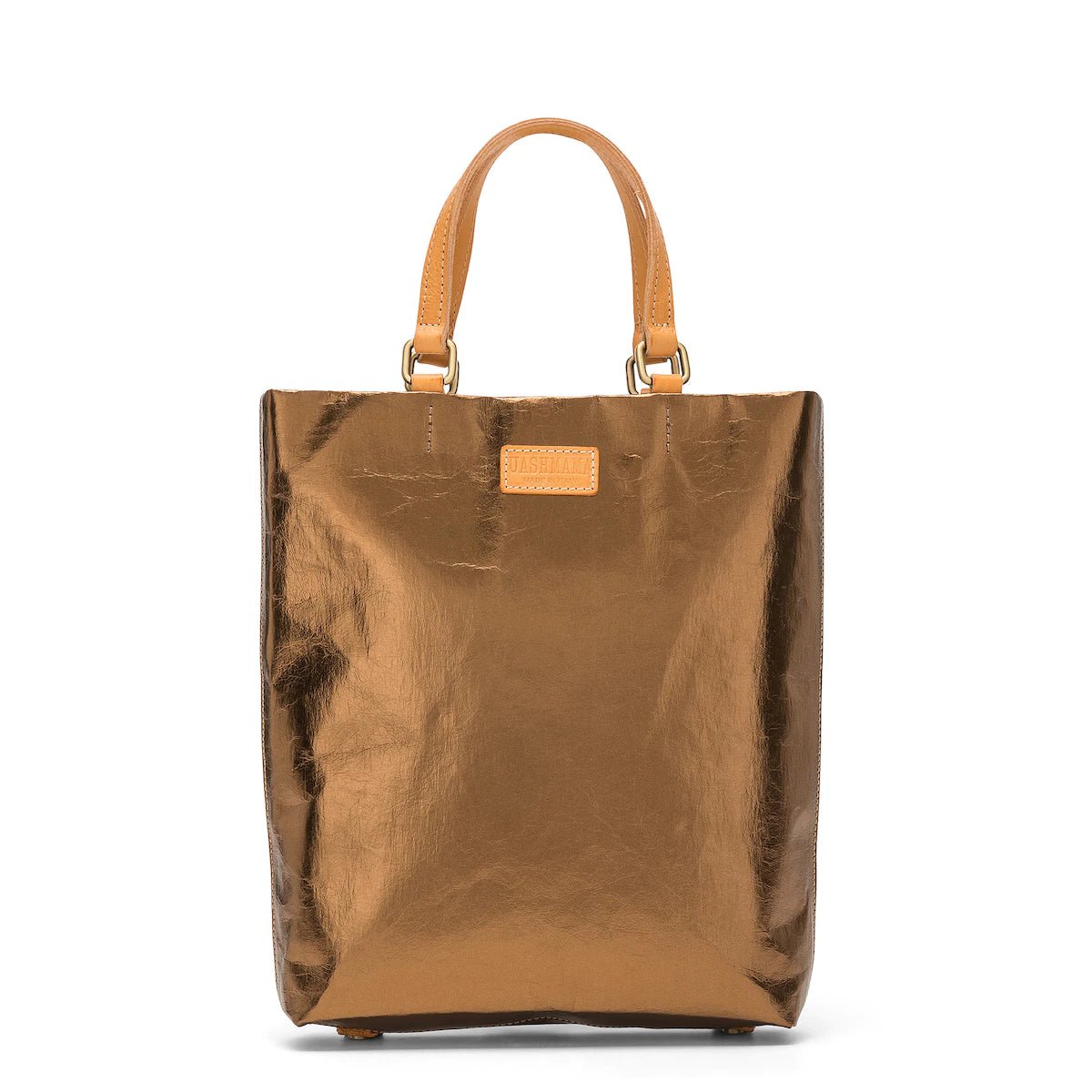 A rectangular washable paper tote bag is shown, with two top handles and a logo UASHMAMA stamp on the front. It is metallic bronze in colour. 