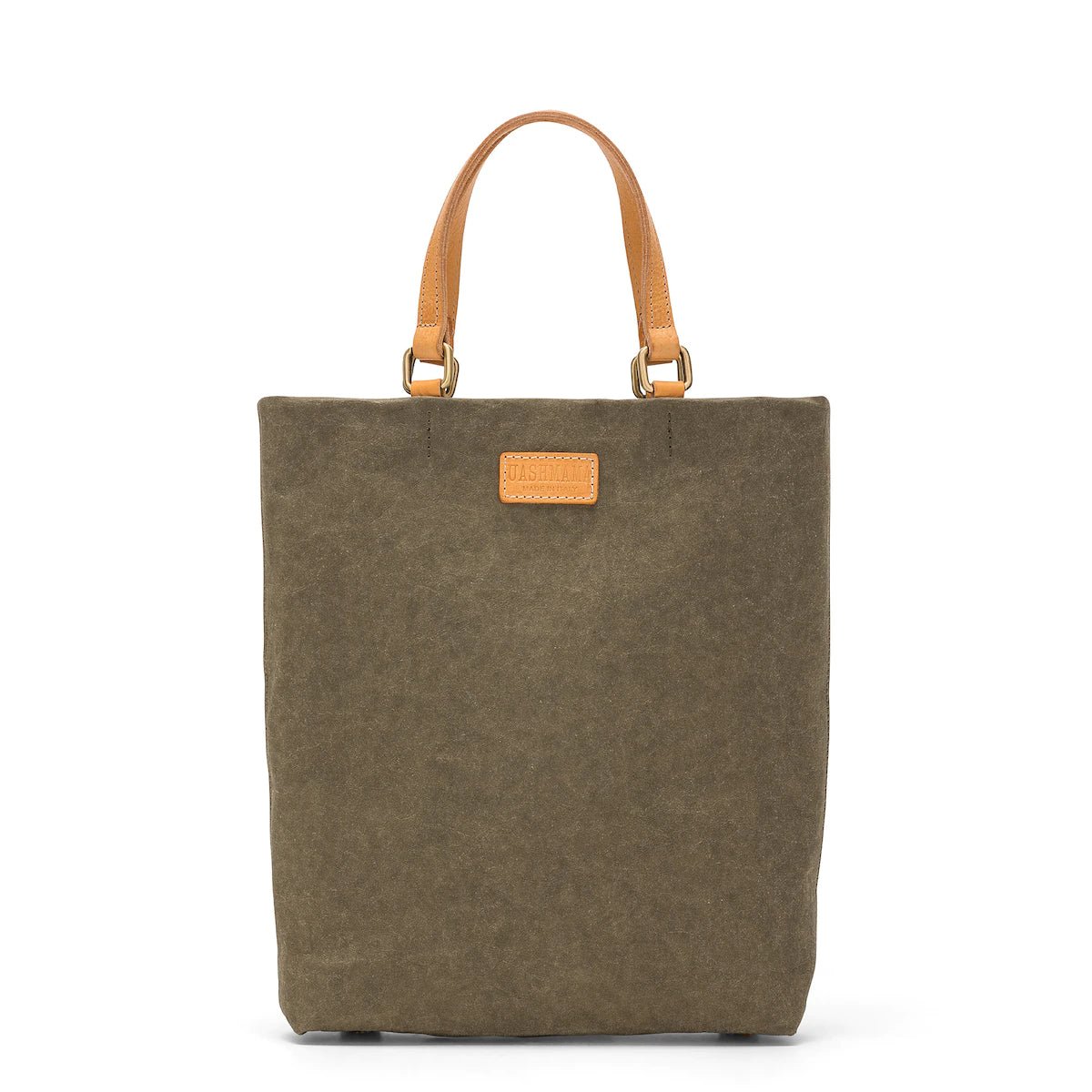A rectangular washable paper tote bag is shown, with two top handles and a logo UASHMAMA stamp on the front. It is grey-brown in colour.