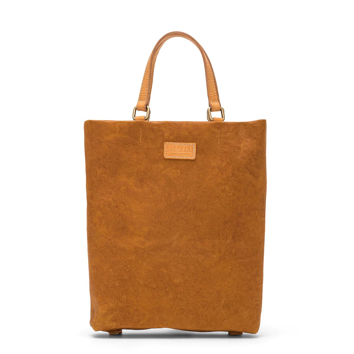 A rectangular washable paper tote bag is shown, with two top handles and a logo UASHMAMA stamp on the front. It is bright tan in colour.