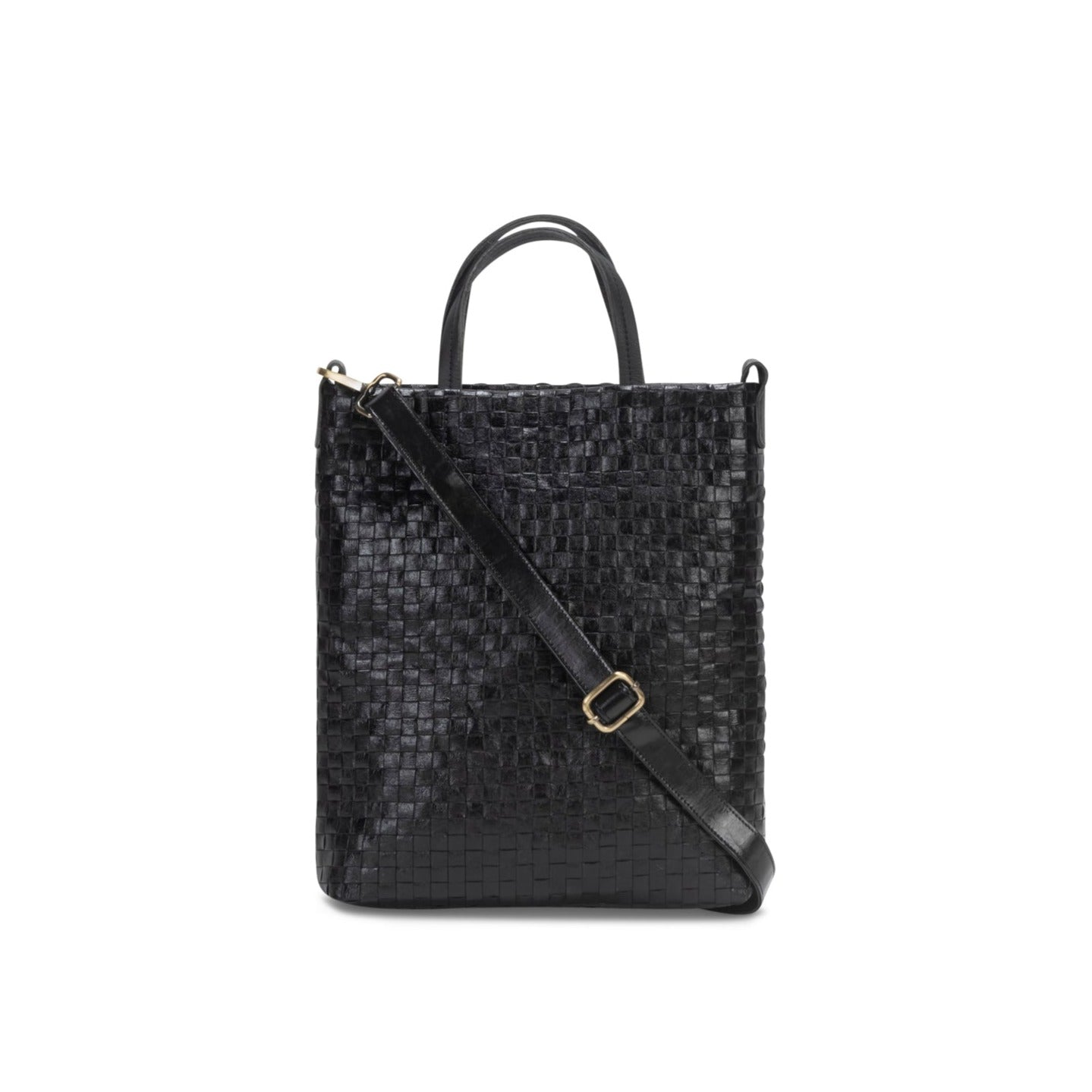 A woven washable paper tote bag is shown from the front angle. It features two top handles and a long adjustable shoulder strap. It is black in colour.