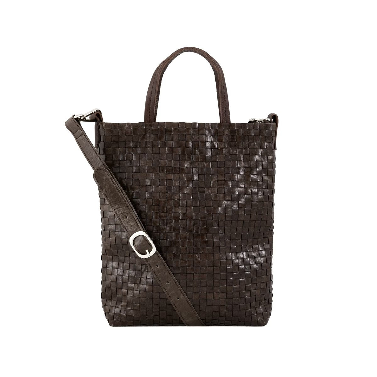 A woven washable paper tote bag is shown from the front angle. It features two top handles and a long adjustable shoulder strap. It is chocolate brown in colour.