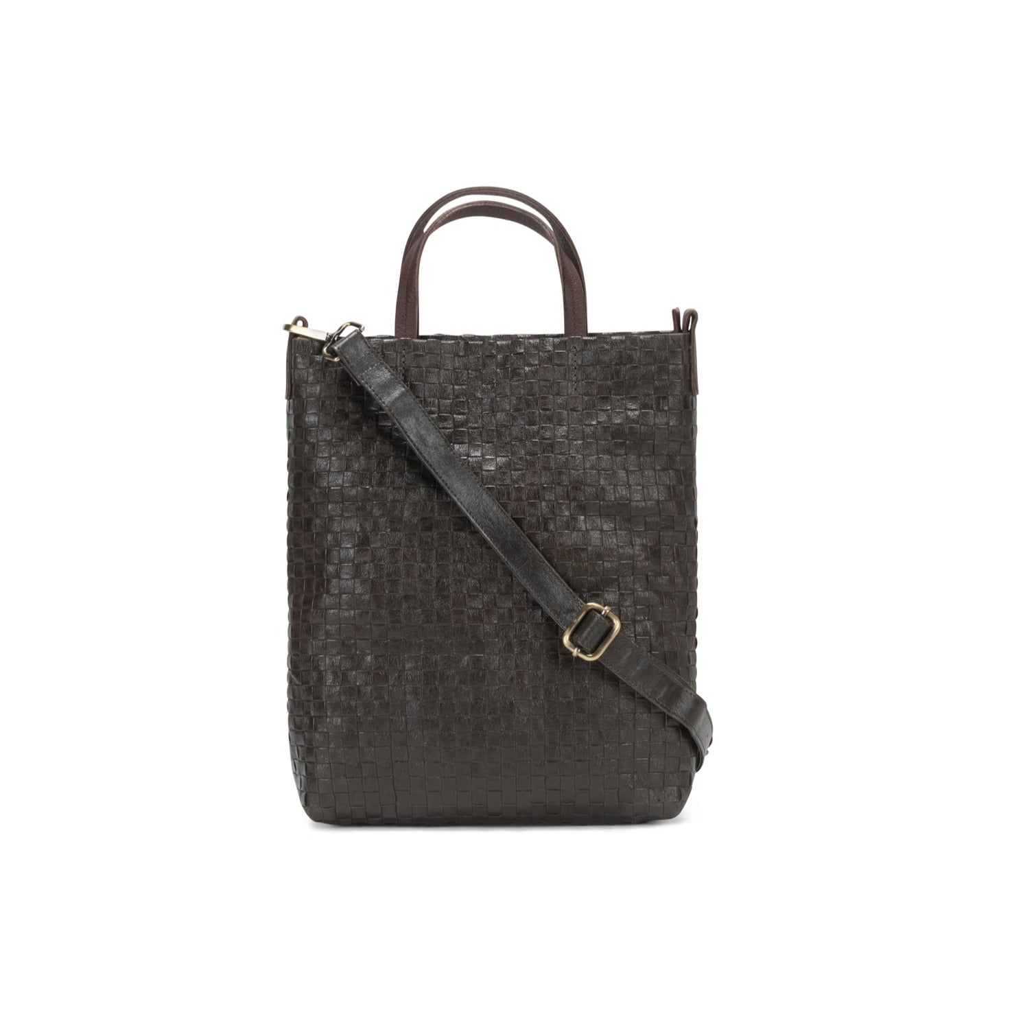A woven washable paper tote bag is shown from the front angle. It features two top handles and a long adjustable shoulder strap. It is chocolate brown in colour.