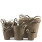 A selection of washable paper baskets are shown stacked in one another, in four varying sizes. They are shown in a khaki colour.