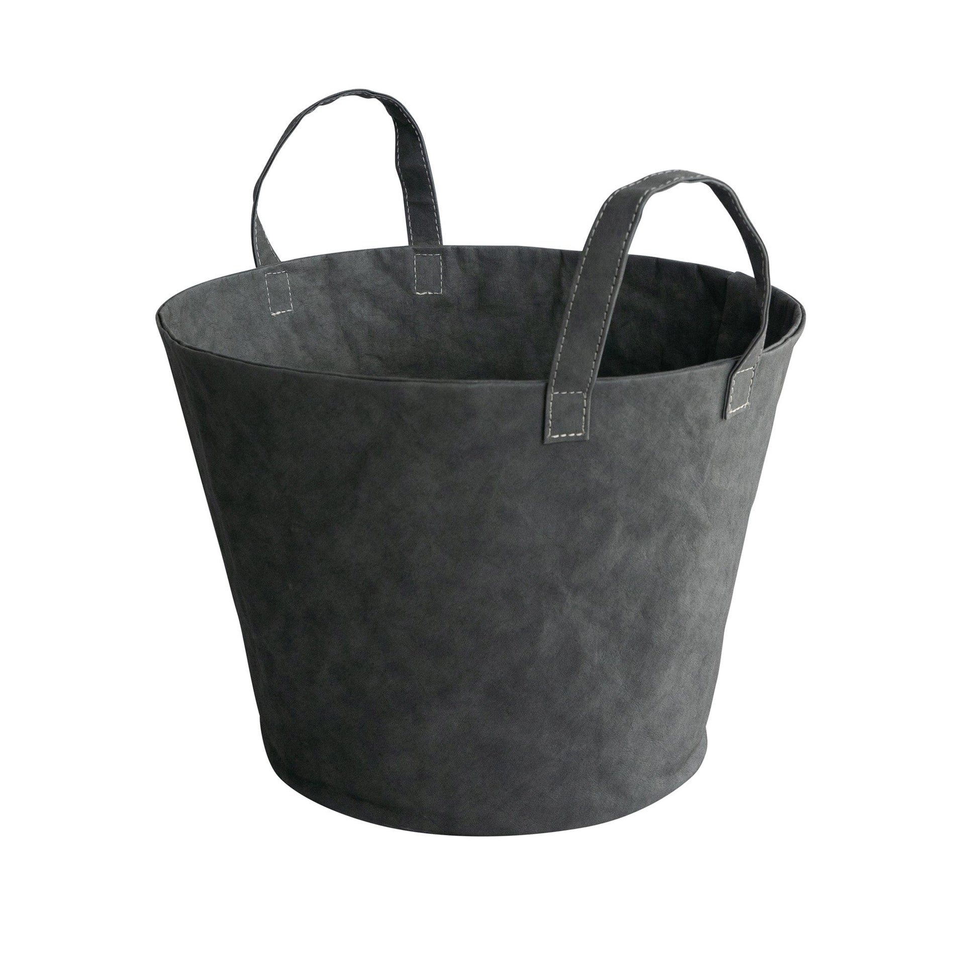 A washable paper basket is shown from a 3/4 angle. It has white stitching, two top handles and is shown in a dark grey colour.