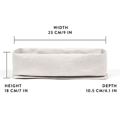 A washable paper tray is shown with a graphic displaying its size - 23cm wide x 18cm high x 10.5cm deep. It is white in colour.