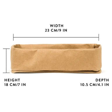 A washable paper tray is shown with a graphic displaying its size - 23cm wide x 18cm high x 10.5cm deep. It is tan in colour.