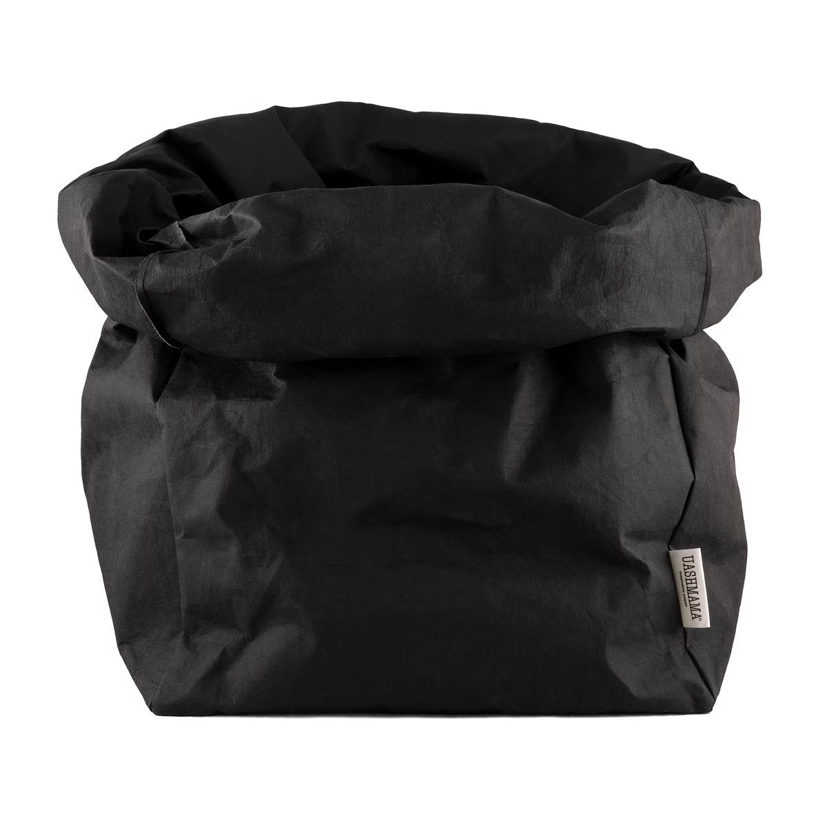 A washable paper bag is shown. The bag is rolled down at the top and features a UASHMAMA logo label on the bottom left corner. The bag pictured is the gigantic size in black.