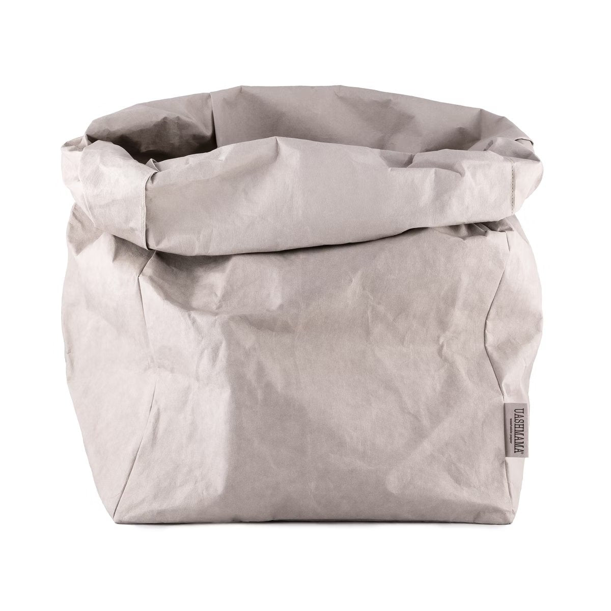 A washable paper bag is shown. The bag is rolled down at the top and features a UASHMAMA logo label on the bottom left corner. The bag pictured is the gigantic size in pale grey.