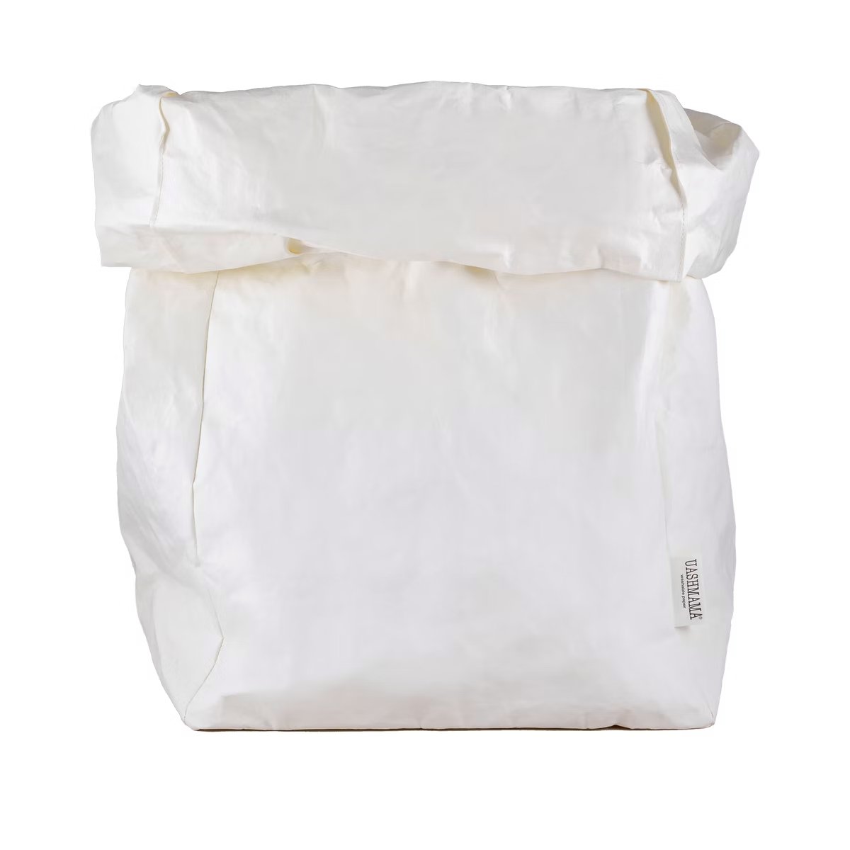 A washable paper bag is shown. The bag is rolled down at the top and features a UASHMAMA logo label on the bottom left corner. The bag pictured is the gigantic size in white.