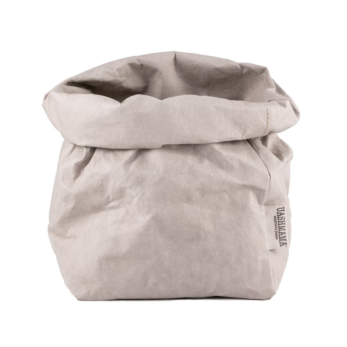 A washable paper bag is shown. The bag is rolled down at the top and features a UASHMAMA logo label on the bottom left corner. The bag pictured is the large plus size in pale grey.