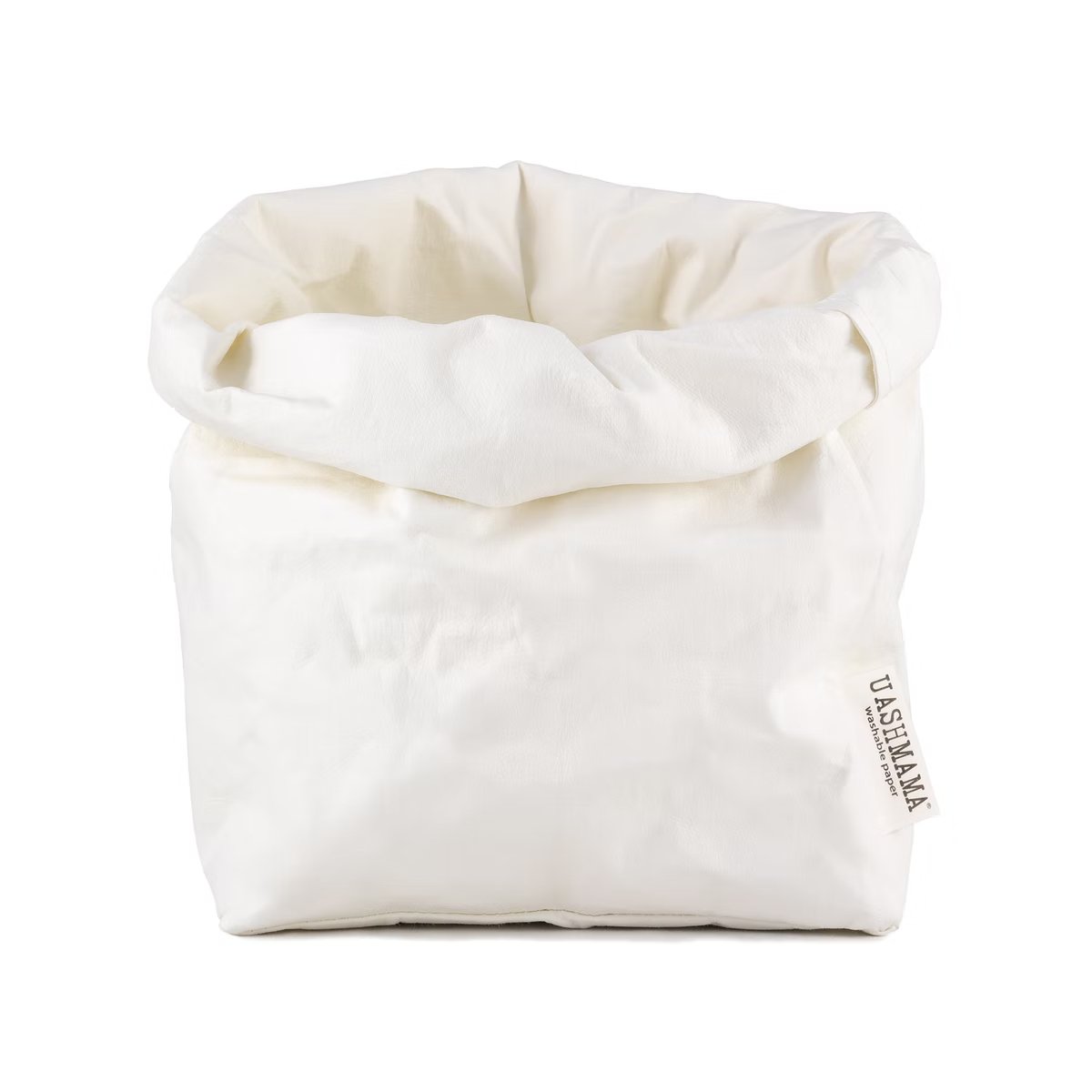 A washable paper bag is shown. The bag is rolled down at the top and features a UASHMAMA logo label on the bottom left corner. The bag pictured is the large plus size in white.
