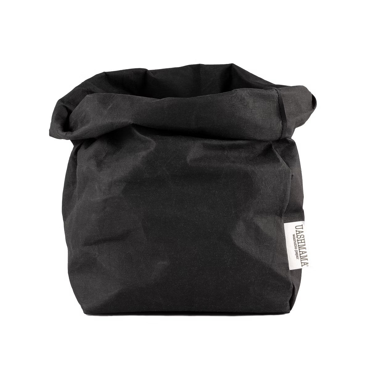 A washable paper bag is shown. The bag is rolled down at the top and features a UASHMAMA logo label on the bottom left corner. The bag pictured is the large plus size in black.