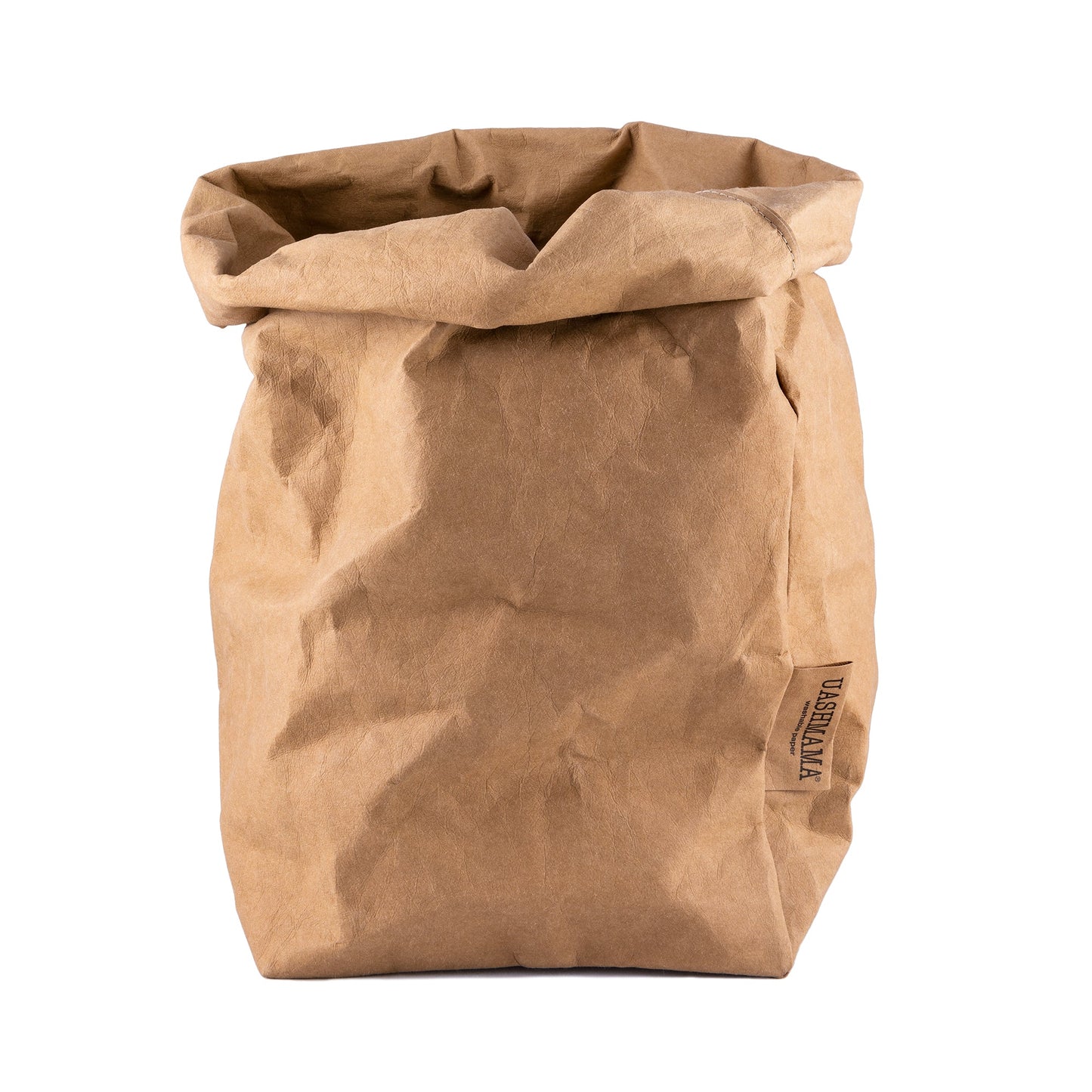 A washable paper bag is shown. The bag is rolled down at the top and features a UASHMAMA logo label on the bottom left corner. The bag pictured is the extra large size in tan.