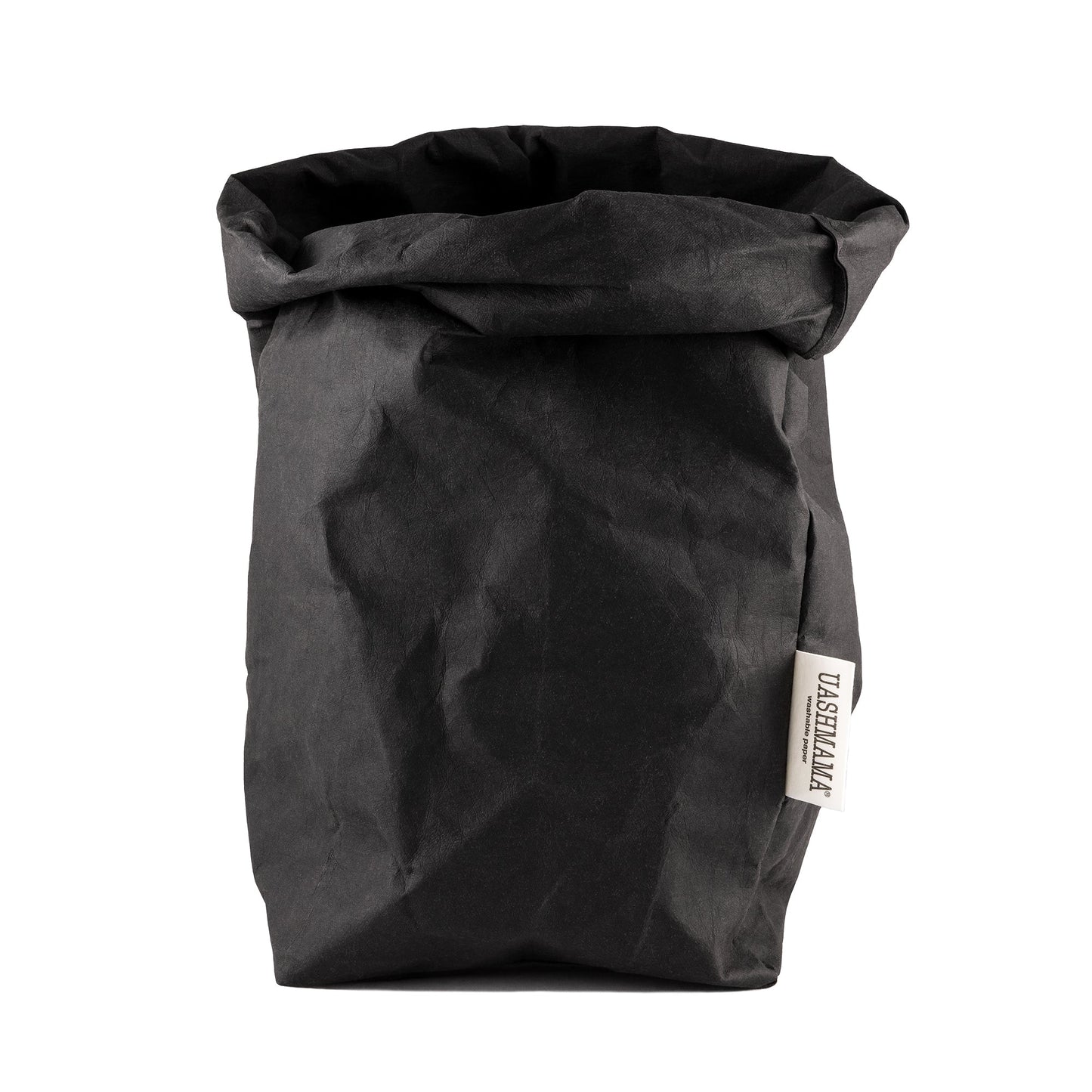 A washable paper bag is shown. The bag is rolled down at the top and features a UASHMAMA logo label on the bottom left corner. The bag pictured is the extra large size in black.
