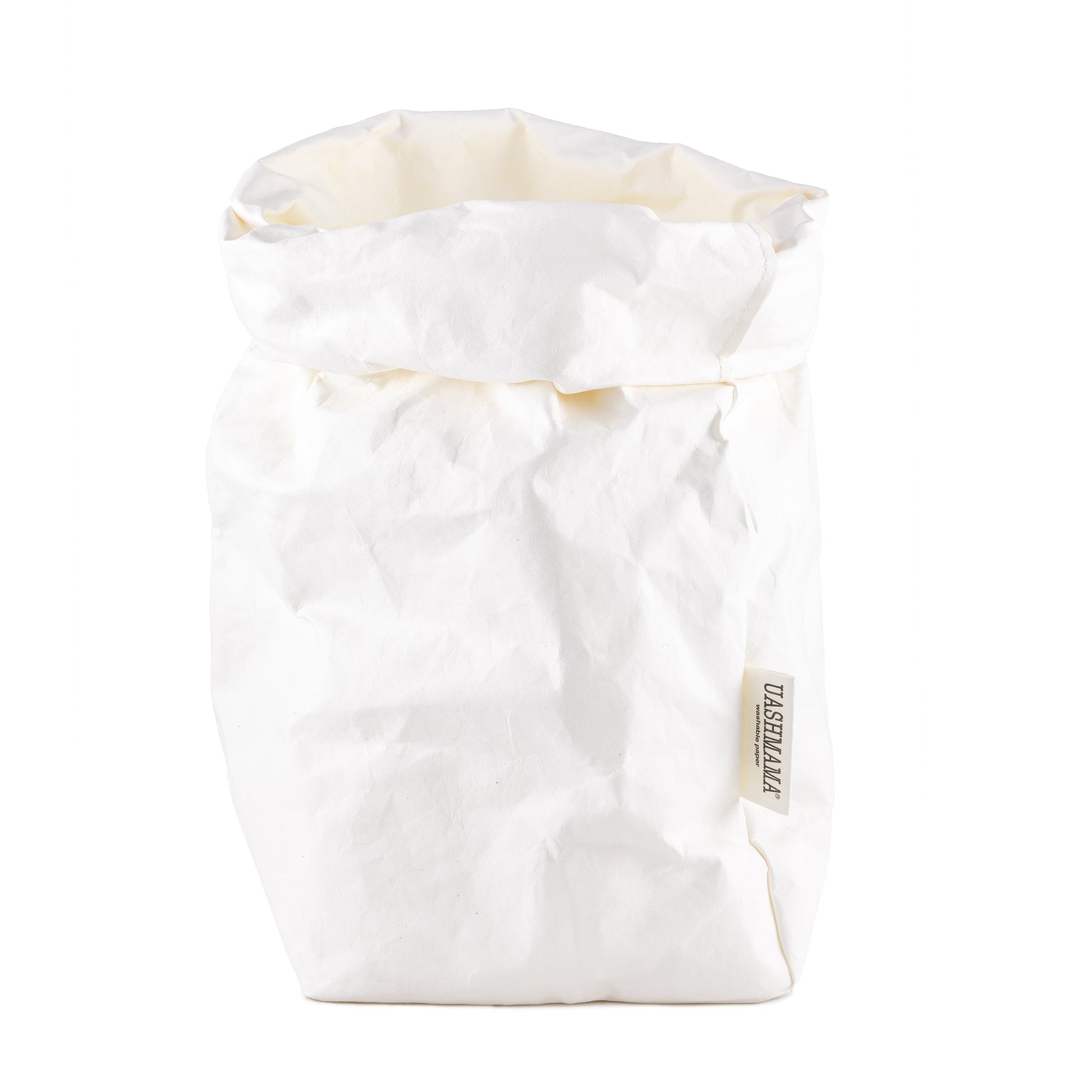 A washable paper bag is shown. The bag is rolled down at the top and features a UASHMAMA logo label on the bottom left corner. The bag pictured is the extra large size in white.
