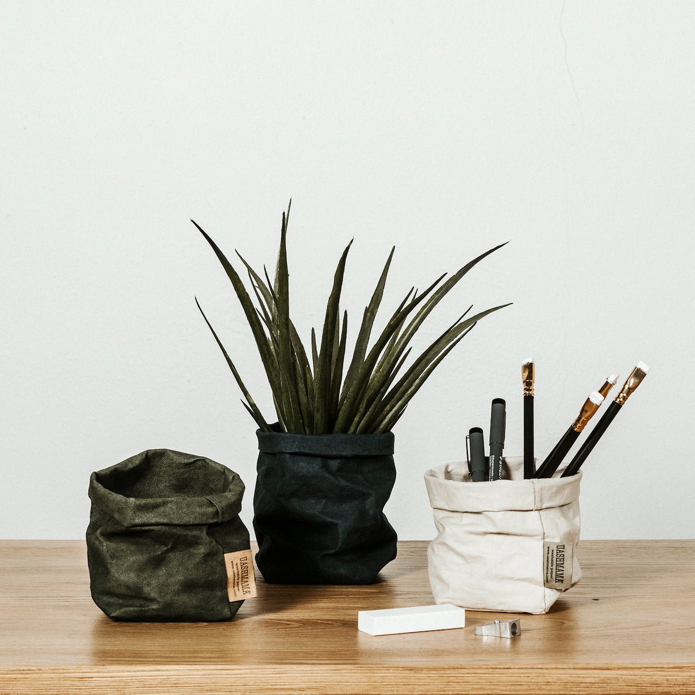 Three extra small washable paper bags are shown on a wooden surface. The one on the left is dark green and shown empty. In the middle the washable paper bag is black and contains a spiky plant. The third bag one the right is pale cream in colour and contains five pencils. In front of the bags is a pencil sharpener and eraser.