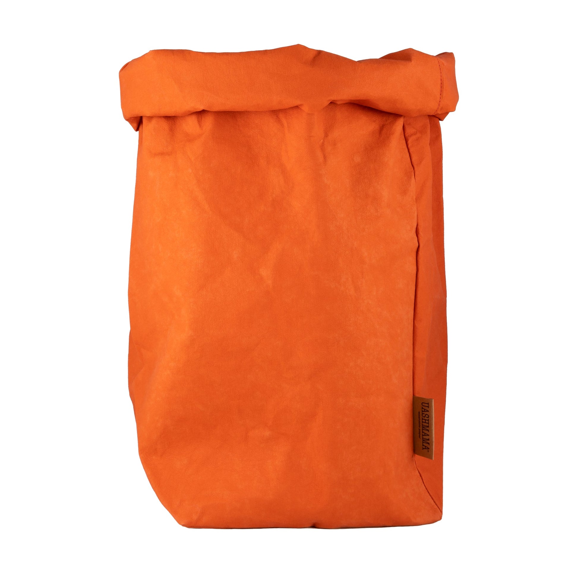 A washable paper bag is shown. The bag is rolled down at the top and features a UASHMAMA logo label on the bottom left corner. The bag pictured is the gigantic size in orange.
