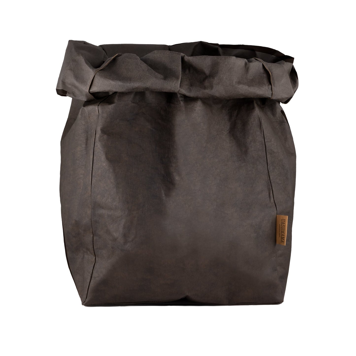 A washable paper bag is shown. The bag is rolled down at the top and features a UASHMAMA logo label on the bottom left corner. The bag pictured is the gigantic size in dark brown.