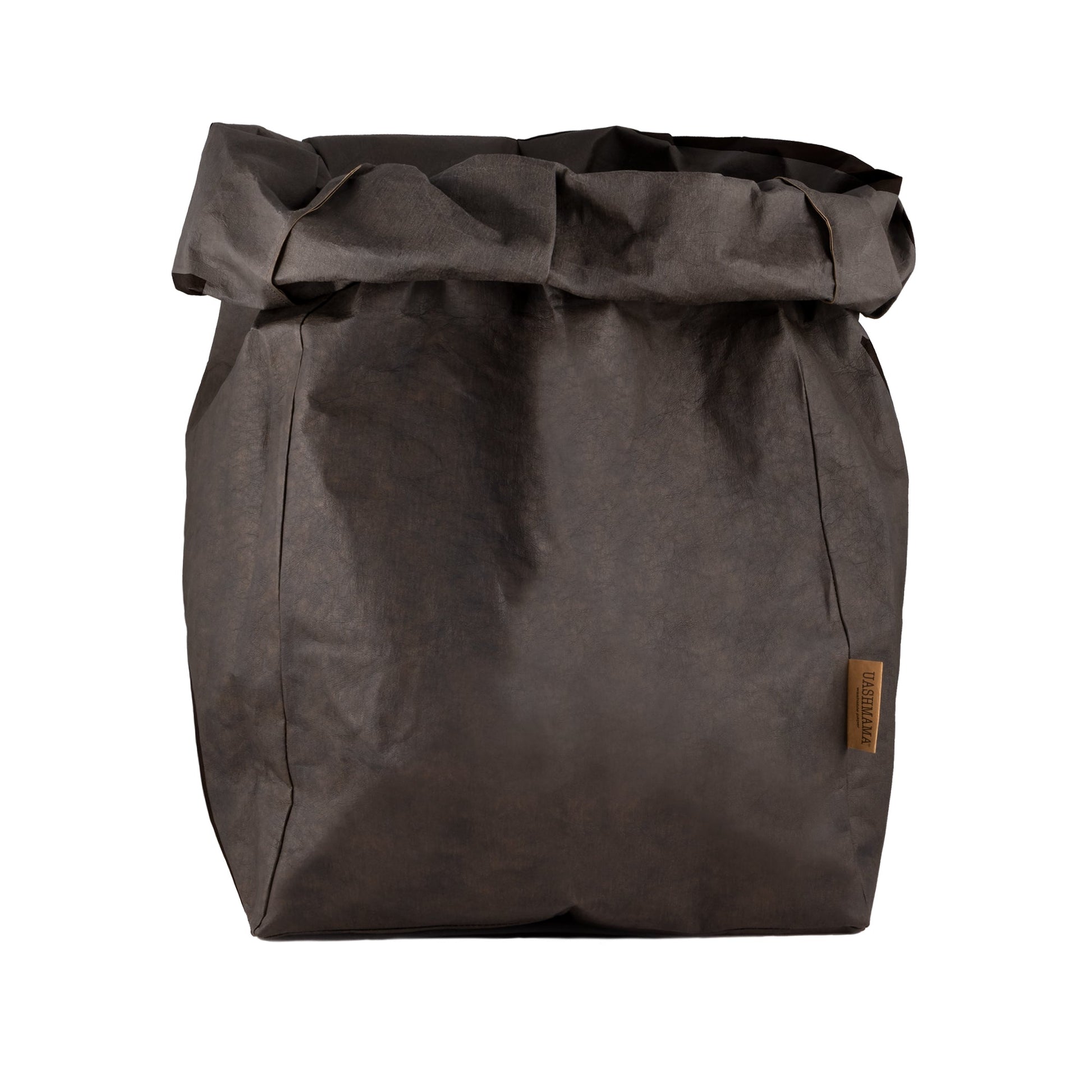 A washable paper bag is shown. The bag is rolled down at the top and features a UASHMAMA logo label on the bottom left corner. The bag pictured is the gigantic size in dark brown.