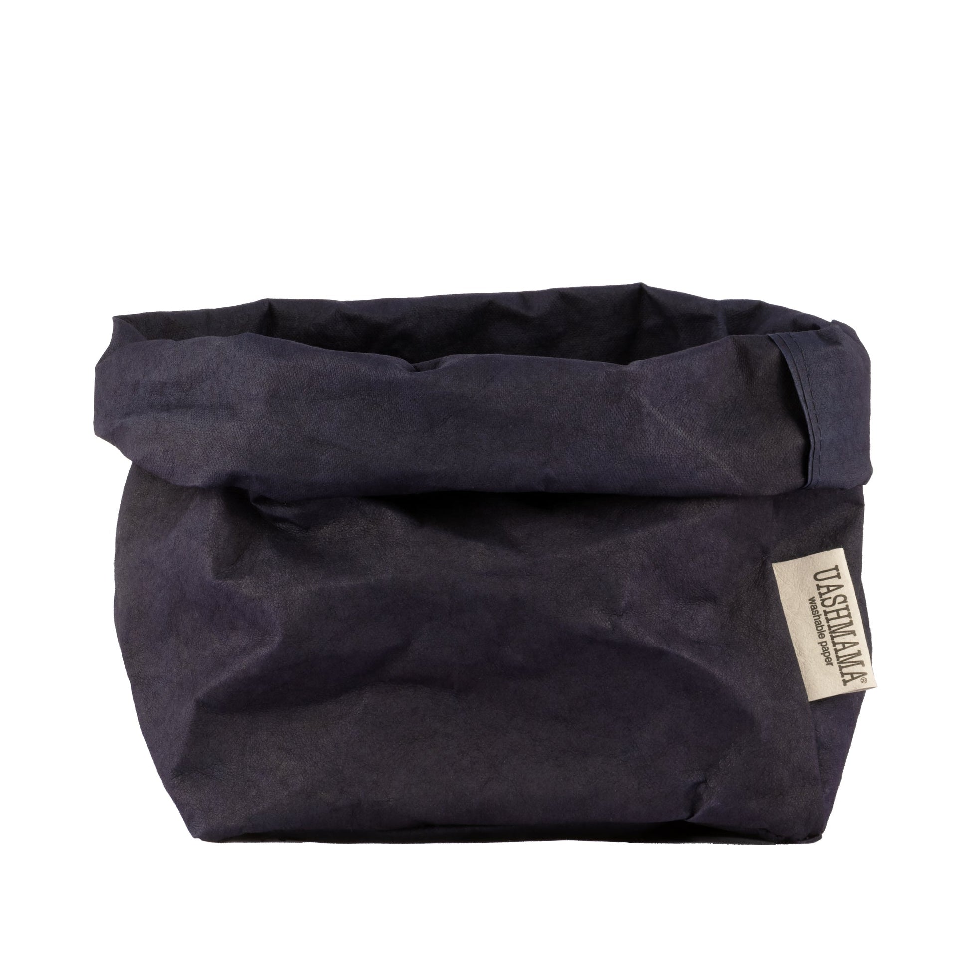 A washable paper bag is shown. The bag is rolled down at the top and features a UASHMAMA logo label on the bottom left corner. The bag pictured is the large size in dark blue.