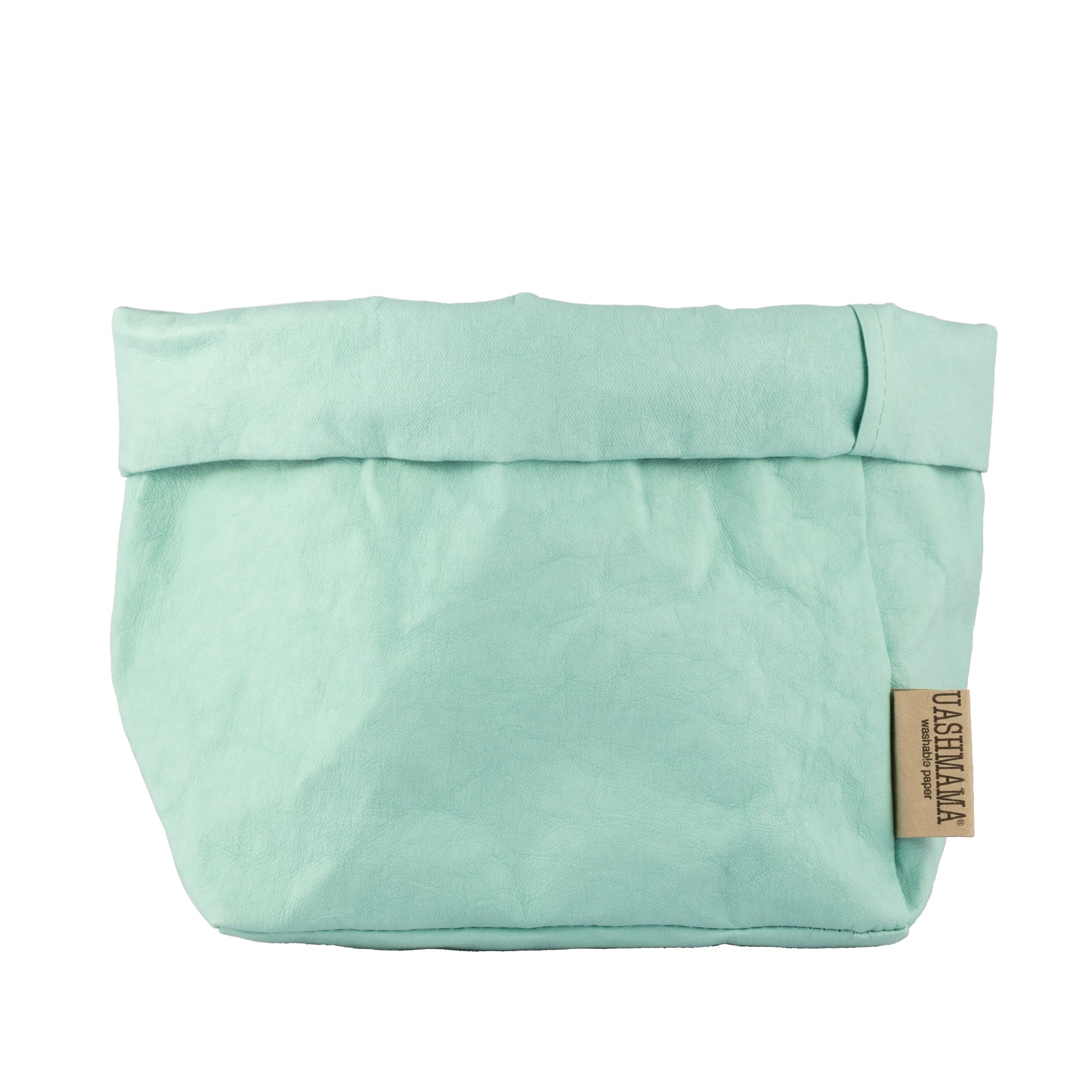 A washable paper bag is shown. The bag is rolled down at the top and features a UASHMAMA logo label on the bottom left corner. The bag pictured is the large size in pale turquoise.